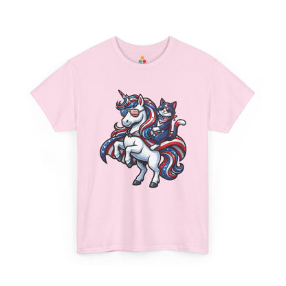 Front view of TEEZOCA Light Pink  T-shirt with a patriotic unicorn and cat riding design in red, white, and blue with American flag sunglasses.