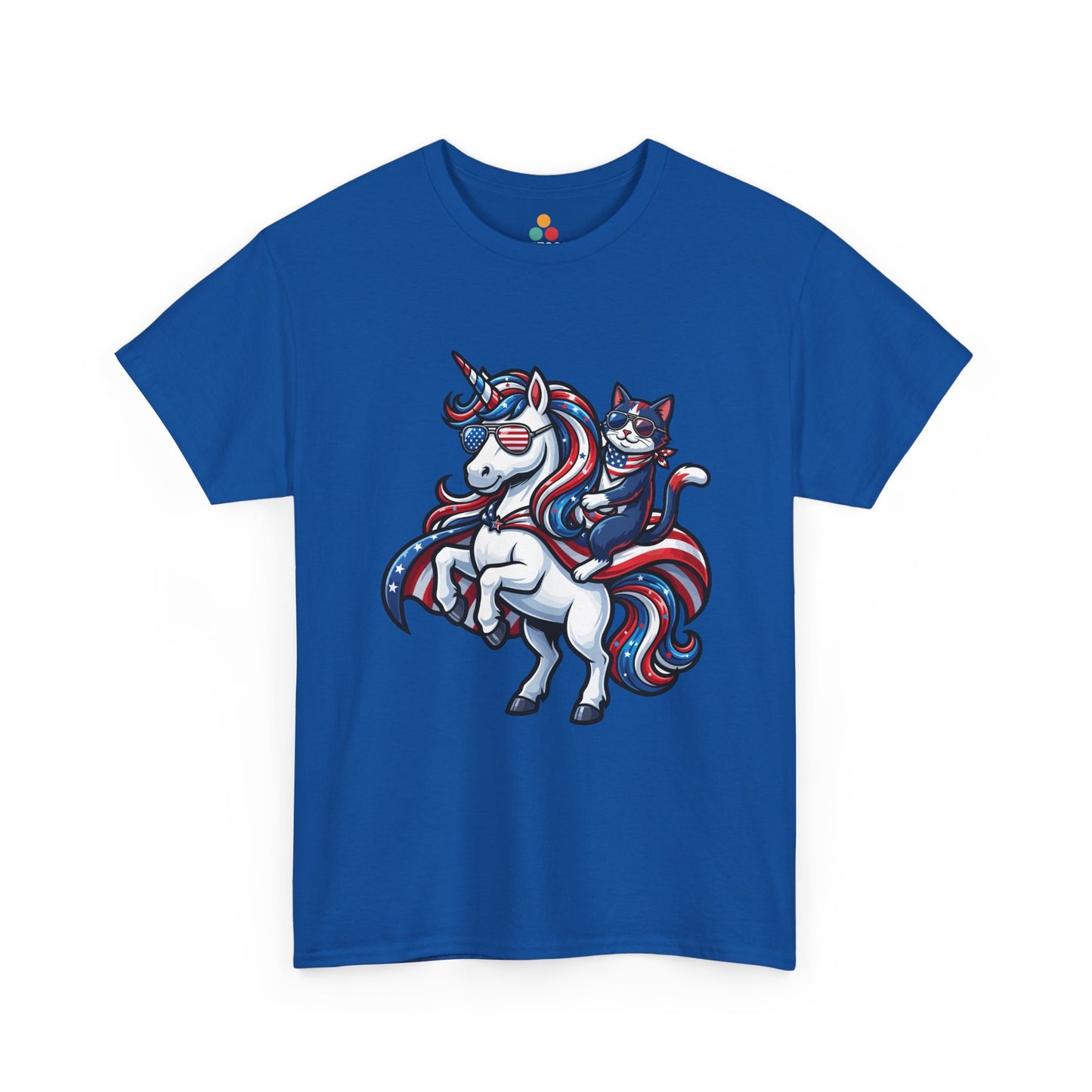 Front view of TEEZOCA Ryal Blue  T-shirt with a patriotic unicorn and cat riding design in red, white, and blue with American flag sunglasses.