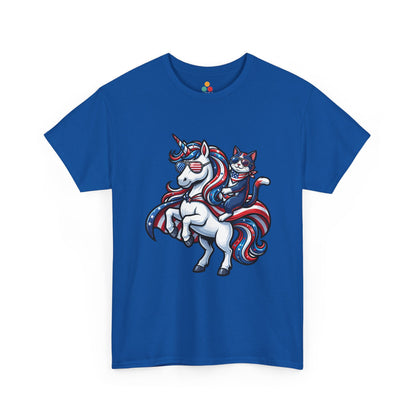 Front view of TEEZOCA Ryal Blue  T-shirt with a patriotic unicorn and cat riding design in red, white, and blue with American flag sunglasses.