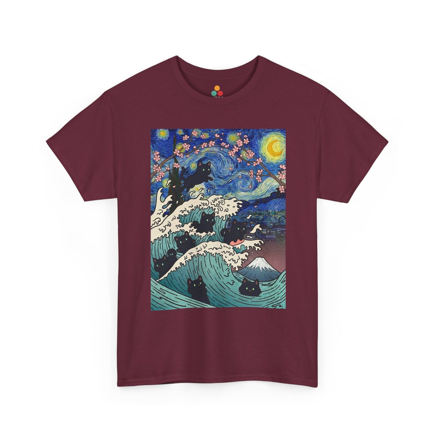 Van Gogh Starry Night Black Cat Wave T-Shirt – Aesthetic Impressionism Inspired Fine Art Tee | TEEZOCA 