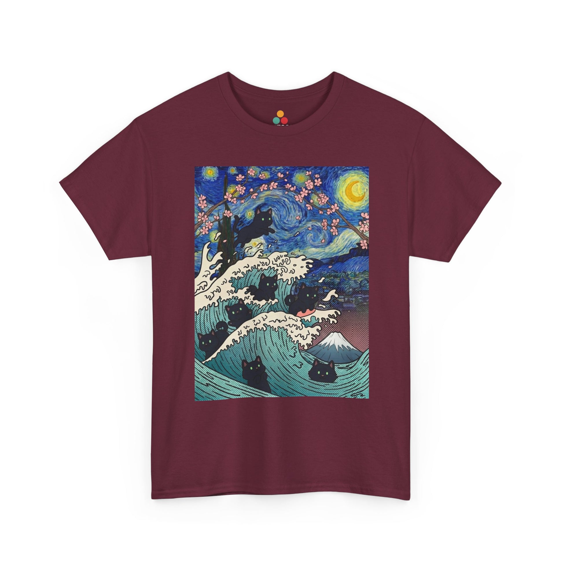 Van Gogh Starry Night Black Cat Wave T-Shirt – Aesthetic Impressionism Inspired Fine Art Tee | TEEZOCA 