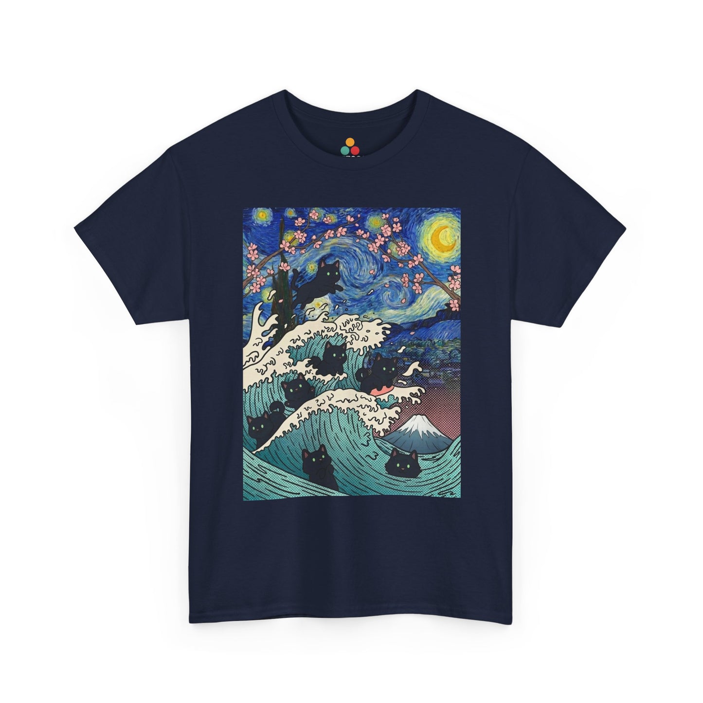 Van Gogh Starry Night Black Cat Wave T-Shirt – Aesthetic Impressionism Inspired Fine Art Tee | TEEZOCA 