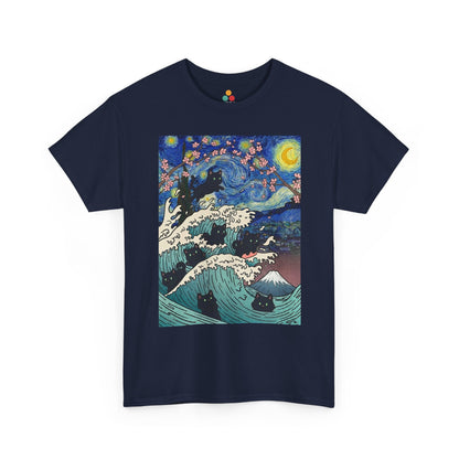 Van Gogh Starry Night Black Cat Wave T-Shirt – Aesthetic Impressionism Inspired Fine Art Tee | TEEZOCA 