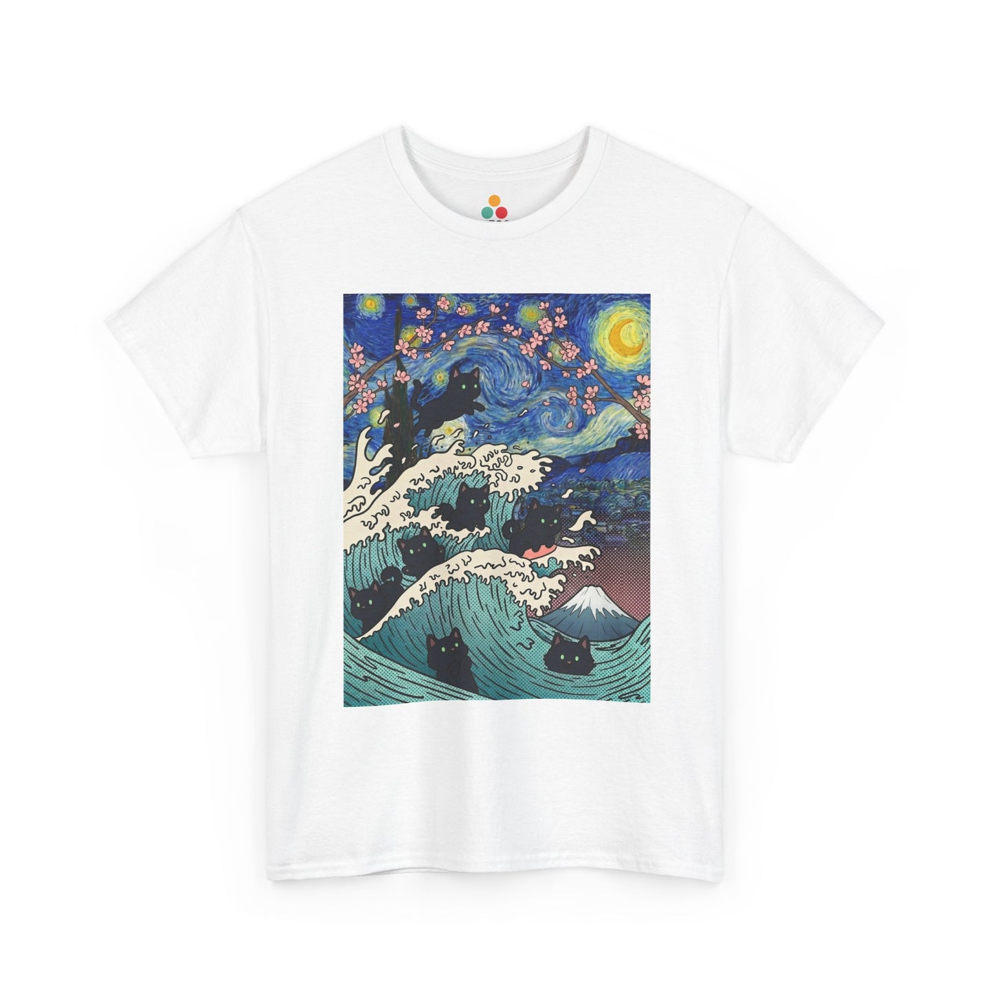 Van Gogh Starry Night Black Cat Wave T-Shirt – Aesthetic Impressionism Inspired Fine Art Tee | TEEZOCA 