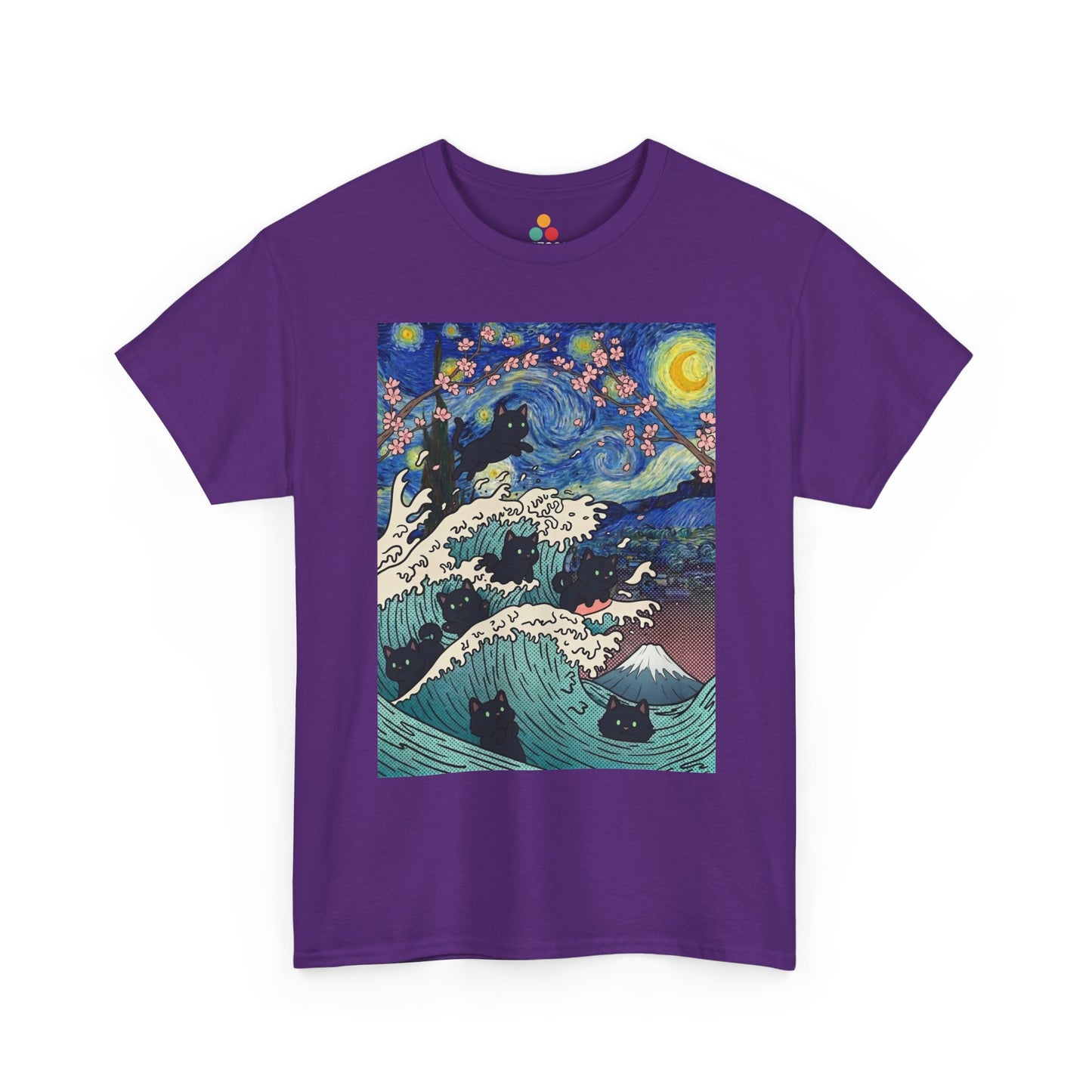 Van Gogh Starry Night Black Cat Wave T-Shirt – Aesthetic Impressionism Inspired Fine Art Tee | TEEZOCA 