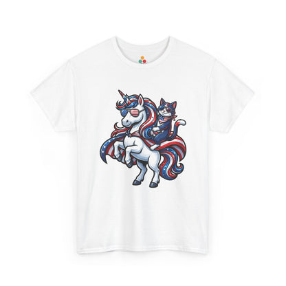 Front view of TEEZOCA T-shirt with a patriotic unicorn and cat riding design in red, white, and blue with American flag sunglasses.

