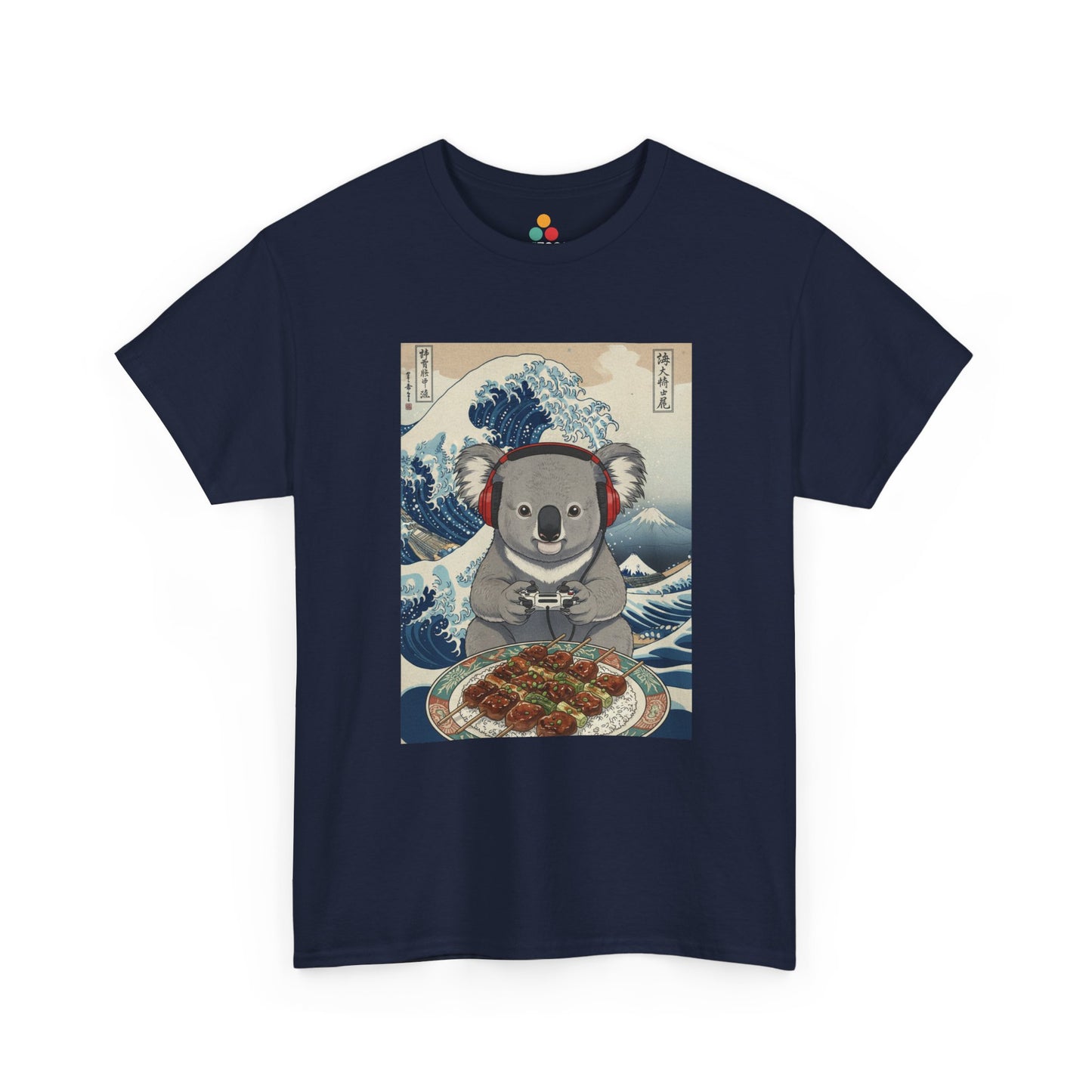 Front view of TEEZOCA graphic T-shirt featuring a koala wearing red headphones and holding a game controller, seated before a takoyaki tray, illustrated in Hokusai's Great Wave off Kanagawa ukiyo-e woodblock print style with Japanese kanji characters on a light blue background.

