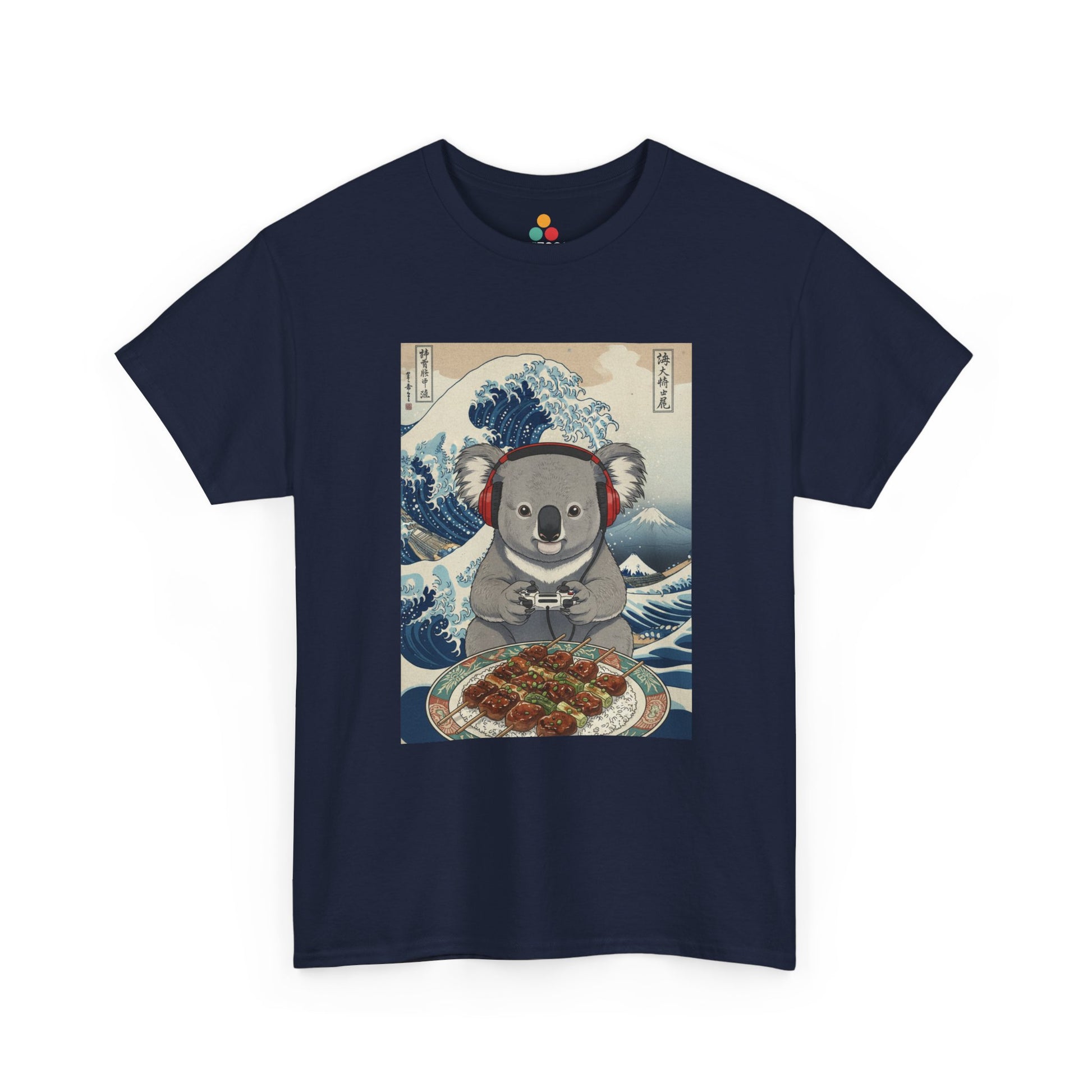 Front view of TEEZOCA graphic T-shirt featuring a koala wearing red headphones and holding a game controller, seated before a takoyaki tray, illustrated in Hokusai's Great Wave off Kanagawa ukiyo-e woodblock print style with Japanese kanji characters on a light blue background.


