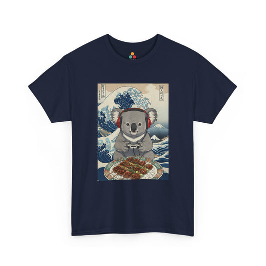 Front view of TEEZOCA graphic T-shirt featuring a koala wearing red headphones and holding a game controller, seated before a takoyaki tray, illustrated in Hokusai's Great Wave off Kanagawa ukiyo-e woodblock print style with Japanese kanji characters on a light blue background.

