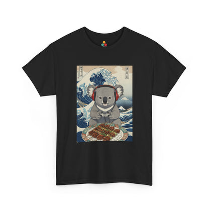 Front view of TEEZOCA graphic black T-shirt featuring a koala wearing red headphones and holding a game controller, seated before a takoyaki tray, illustrated in Hokusai's Great Wave off Kanagawa ukiyo-e woodblock print style with Japanese kanji characters on a light blue background.

