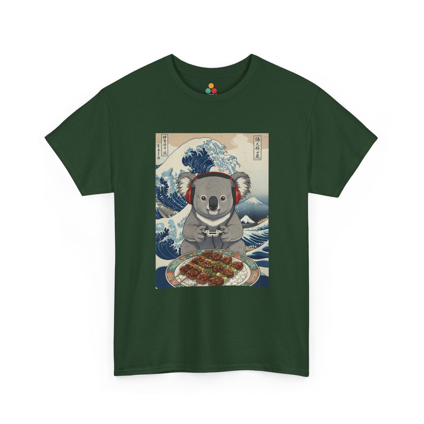 Front view of TEEZOCA graphic green forest T-shirt featuring a koala wearing red headphones and holding a game controller, seated before a takoyaki tray, illustrated in Hokusai's Great Wave off Kanagawa ukiyo-e woodblock print style with Japanese kanji characters on a light blue background.

