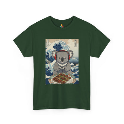 Front view of TEEZOCA graphic green forest T-shirt featuring a koala wearing red headphones and holding a game controller, seated before a takoyaki tray, illustrated in Hokusai's Great Wave off Kanagawa ukiyo-e woodblock print style with Japanese kanji characters on a light blue background.

