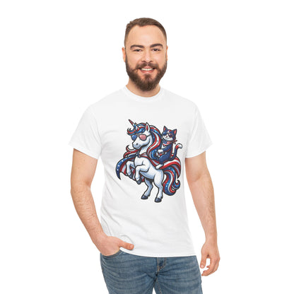 Front view of TEEZOCA model T-shirt with a patriotic unicorn and cat riding design in red, white, and blue with American flag sunglasses.
