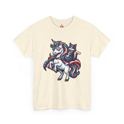 Front view of TEEZOCA natural  T-shirt with a patriotic unicorn and cat riding design in red, white, and blue with American flag sunglasses.