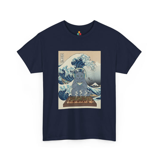 Front view of TEEZOCA navy T-shirt featuring a serene cat meditating before a sushi tray, set against Hokusai's Great Wave off Kanagawa in ukiyo-e woodblock print style with Japanese kanji characters.


