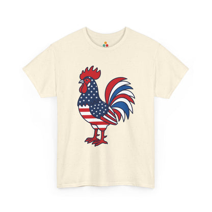 Front view of TEEZOCA patriotic rooster natural T-shirt featuring a bold American flag rooster graphic in red, white, and blue on a white background.


