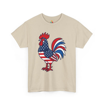 Front view of TEEZOCA patriotic rooster sand T-shirt featuring a bold American flag rooster graphic in red, white, and blue on a white background.

