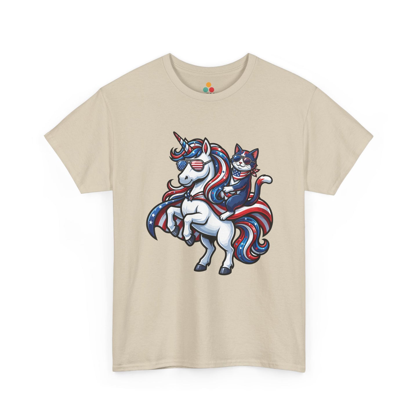 Front view of TEEZOCA sand  T-shirt with a patriotic unicorn and cat riding design in red, white, and blue with American flag sunglasses.