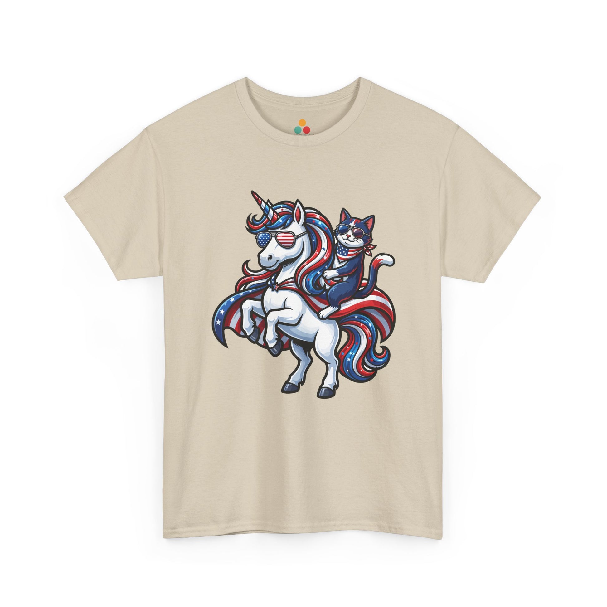 Front view of TEEZOCA sand  T-shirt with a patriotic unicorn and cat riding design in red, white, and blue with American flag sunglasses.