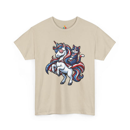 Front view of TEEZOCA sand  T-shirt with a patriotic unicorn and cat riding design in red, white, and blue with American flag sunglasses.