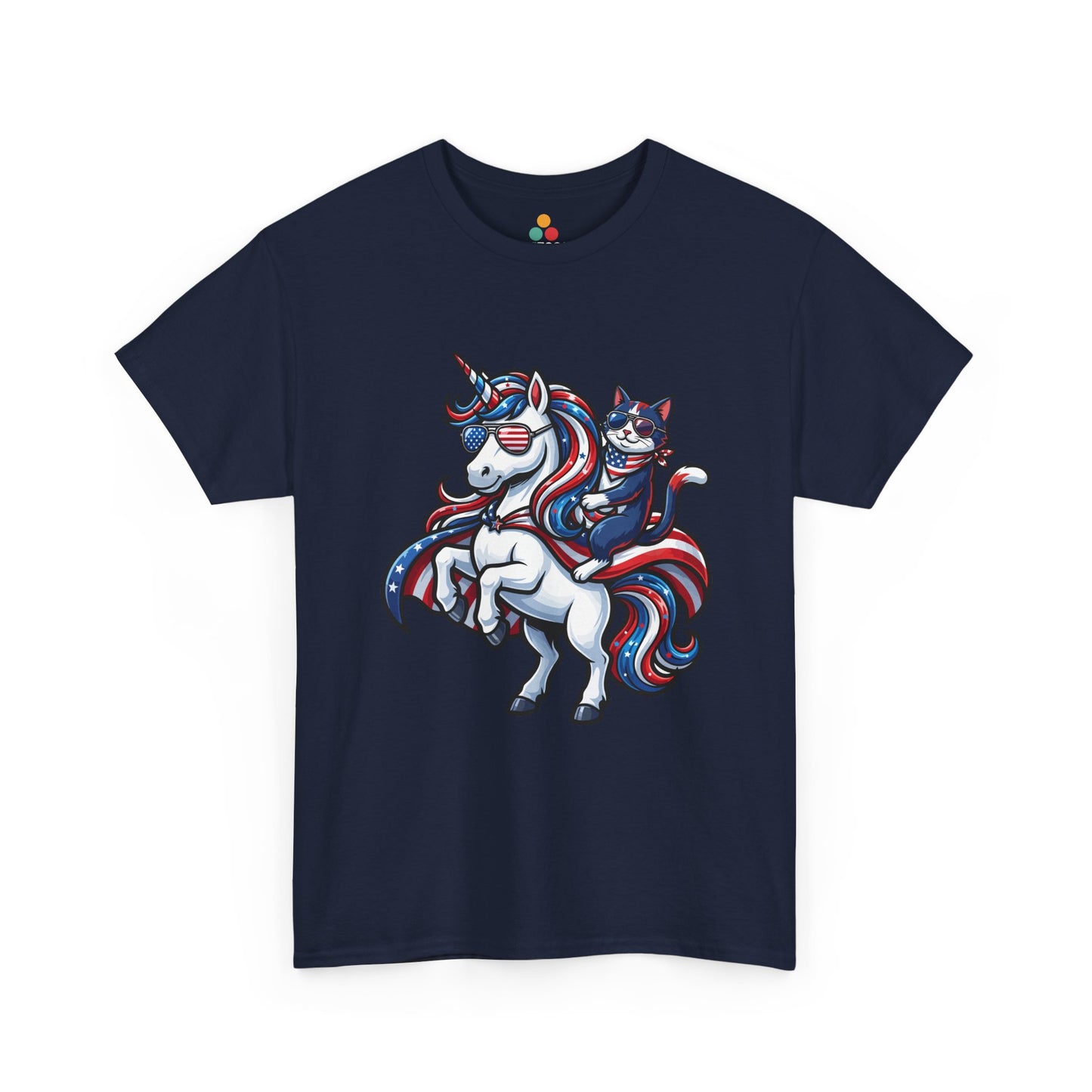Front view of TEEZOCA solid Blue  T-shirt with a patriotic unicorn and cat riding design in red, white, and blue with American flag sunglasses.