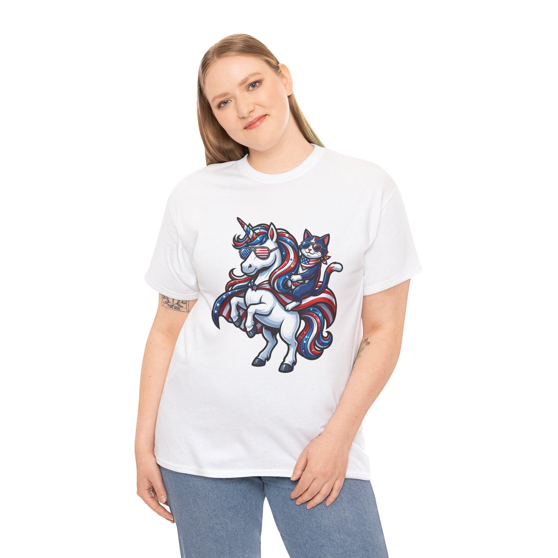 Front view of TEEZOCA women model T-shirt with a patriotic unicorn and cat riding design in red, white, and blue with American flag sunglasses.