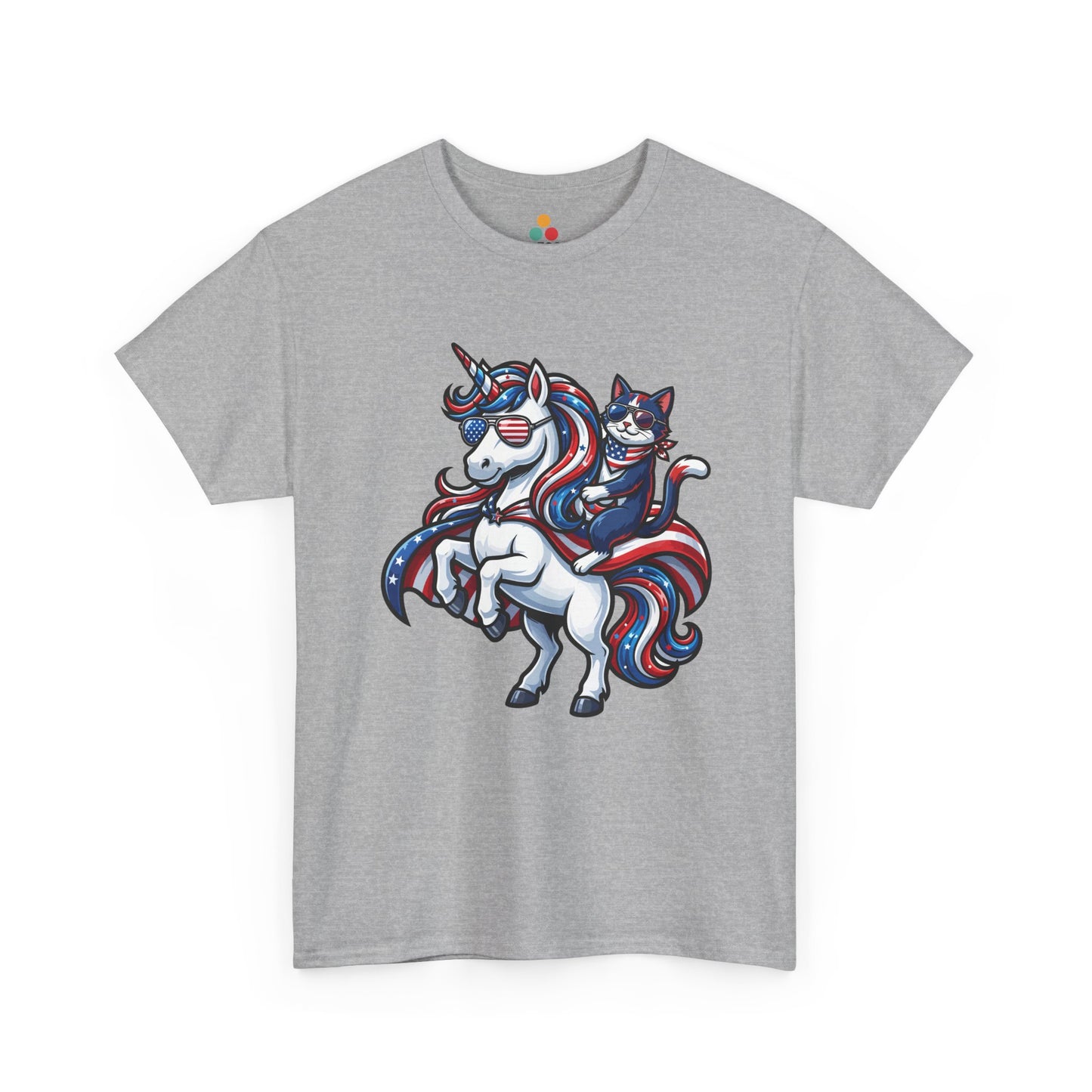 Front view of TEEZOCAgray sport  T-shirt with a patriotic unicorn and cat riding design in red, white, and blue with American flag sunglasses.