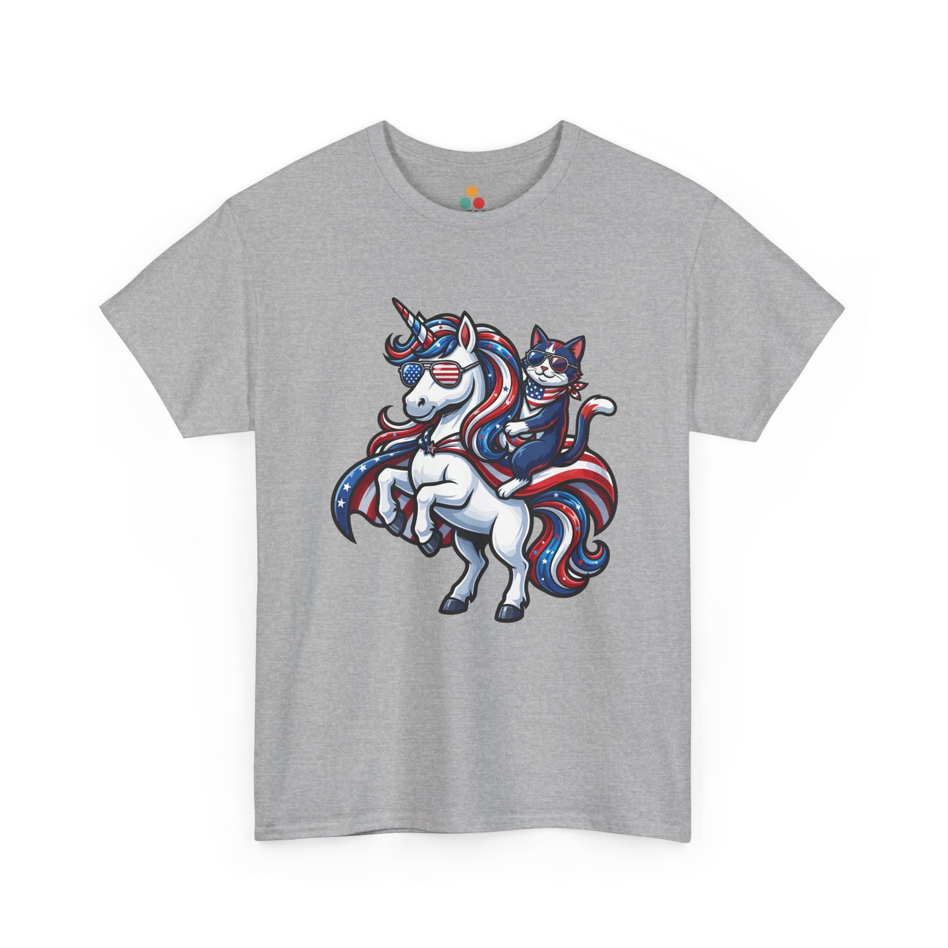 Front view of TEEZOCAgray sport  T-shirt with a patriotic unicorn and cat riding design in red, white, and blue with American flag sunglasses.