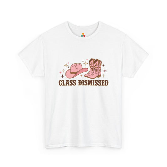Front view of white tee featuring TEEZOCA Class Dismissed Shirt with pink cowboy boots graphic in White.