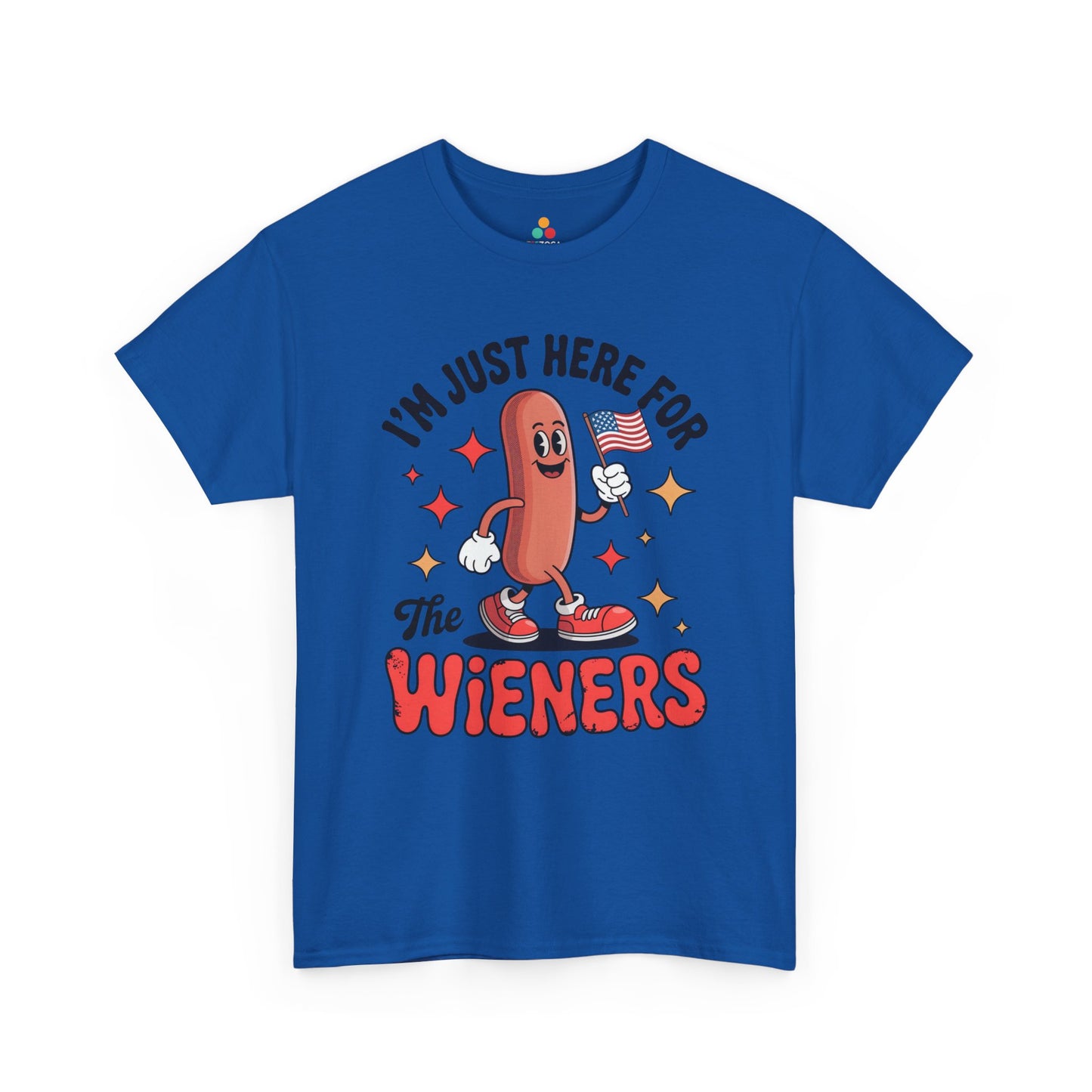 Funny 4th of July Hot Dog Shirt artwork by TEEZOCA on a t-shirt with red Wieners lettering and a happy cookout mascot.
