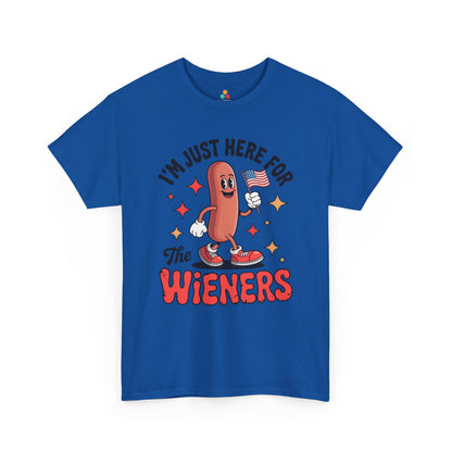 Funny 4th of July Hot Dog Shirt artwork by TEEZOCA on a t-shirt with red Wieners lettering and a happy cookout mascot.
