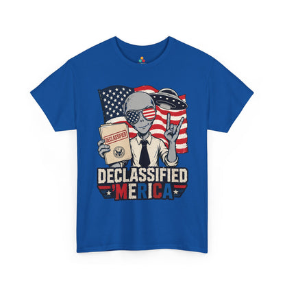 Funny 4th of July Shirt Declassified Merica UFO Alien T-shirt | Funny 4th of July Shirt by TEEZOCA featuring an alien holding a declassified folder in front of an American flag.
