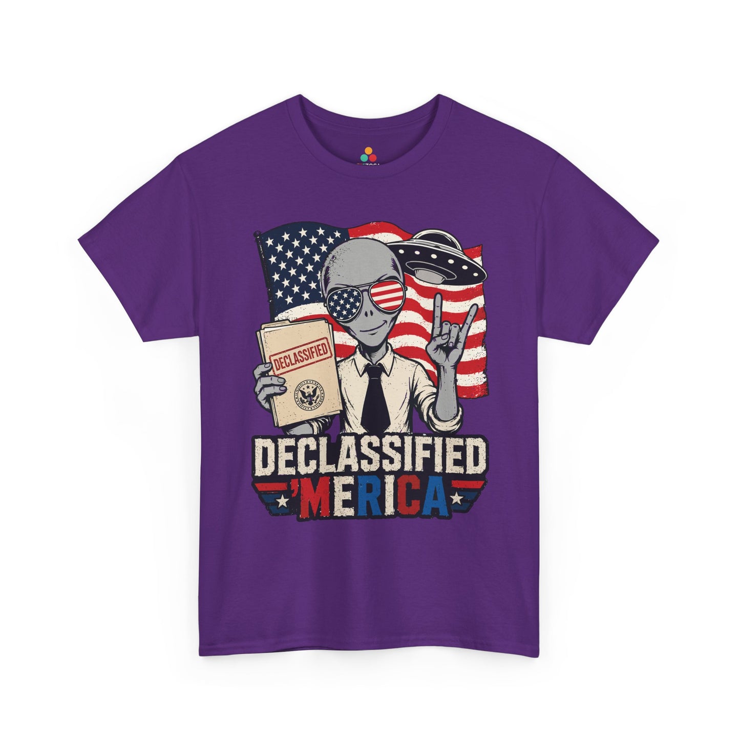 Funny 4th of July Shirt Declassified Merica UFO Alien T-shirt | TEEZOCA Funny 4th of July Shirt T-shirt with a declassified alien, American flag sunglasses, UFO, and Merica text.
