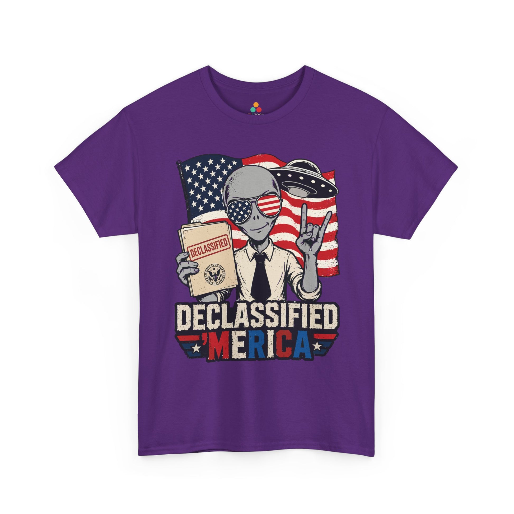 Funny 4th of July Shirt Declassified Merica UFO Alien T-shirt | TEEZOCA Funny 4th of July Shirt T-shirt with a declassified alien, American flag sunglasses, UFO, and Merica text.
