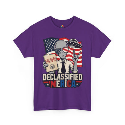 Funny 4th of July Shirt Declassified Merica UFO Alien T-shirt | TEEZOCA Funny 4th of July Shirt T-shirt with a declassified alien, American flag sunglasses, UFO, and Merica text.
