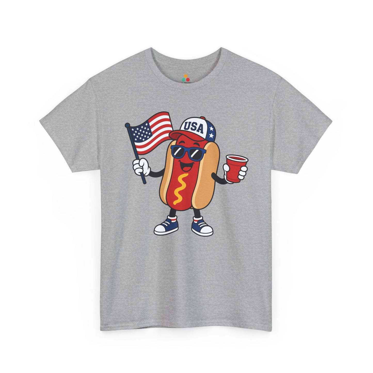 Funny 4th of July Shirt Hot Dog USA BBQ Graphic T-shirt Gift | TEEZOCA 4th of July hot dog shirt t-shirt showing a cheerful hot dog mascot with American flag and cookout energy.
