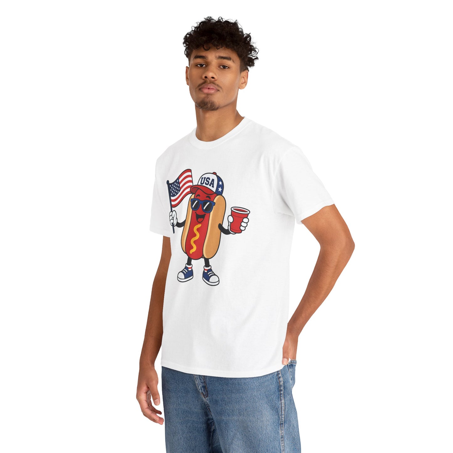Funny 4th of July Shirt Hot Dog USA BBQ Graphic T-shirt Gift | TEEZOCA funny 4th of july shirt T-shirt with smiling hot dog mascot, USA cap, sunglasses, American flag, and red party cup.
