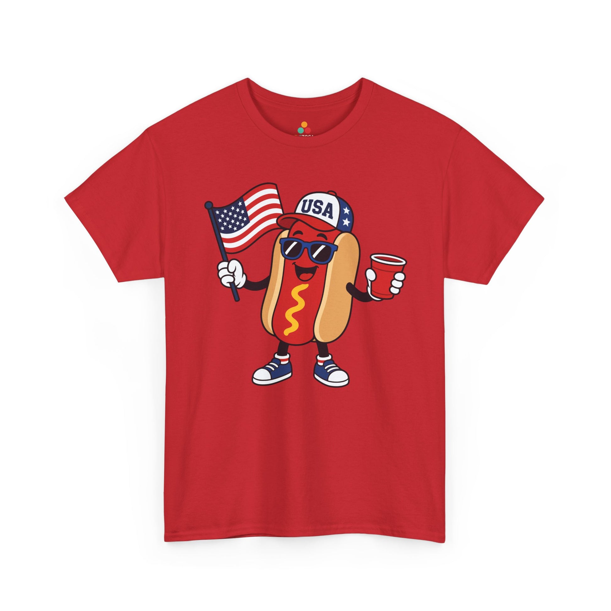 Funny 4th of July Shirt Hot Dog USA BBQ Graphic T-shirt Gift | TEEZOCA funny hot dog shirt t-shirt with red white and blue BBQ design, patriotic cap, sunglasses, and red cup.
