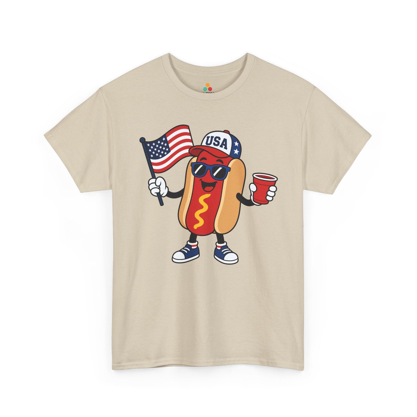 Funny 4th of July Shirt Hot Dog USA BBQ Graphic T-shirt Gift | TEEZOCA hot dog shirt T-shirt with USA hat, blue sunglasses, mustard detail, sneakers, and Independence Day party artwork.
