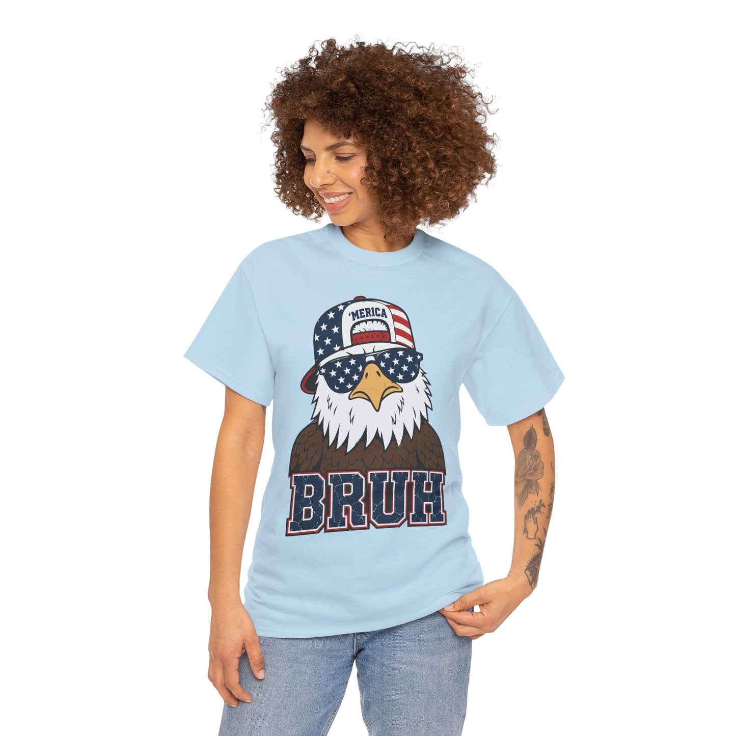Funny 4th of July Shirt, Merica Eagle Bruh Unisex T-shirt | Funny 4th of July shirt by TEEZOCA showing a cool USA eagle with patriotic sunglasses, flag hat, and bold Bruh lettering.
