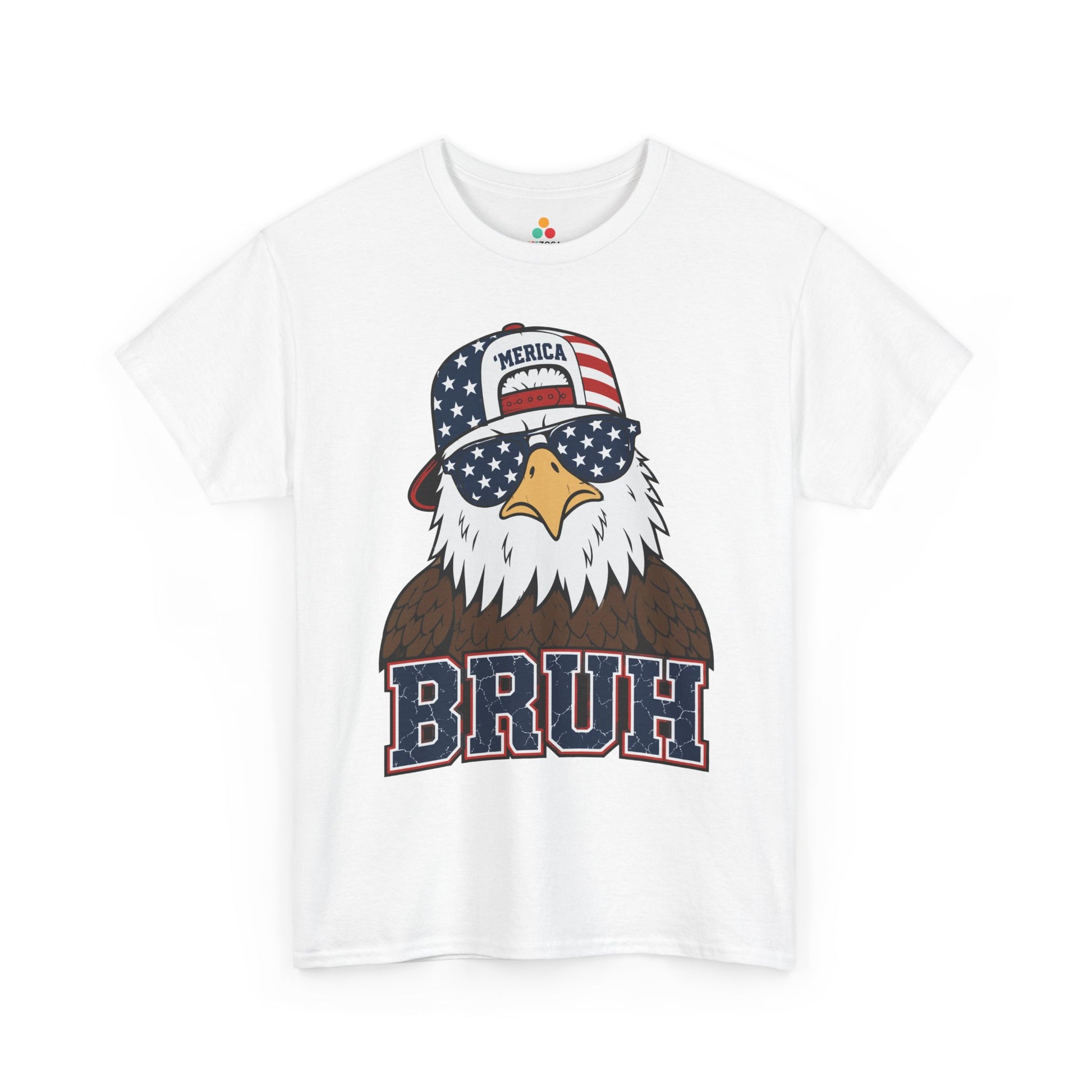 Funny 4th of July Shirt, Merica Eagle Bruh Unisex T-shirt | TEEZOCA t-shirt featuring a Merica bruh shirt design with a bald eagle, American flag cap, and oversized cracked blue letters.
