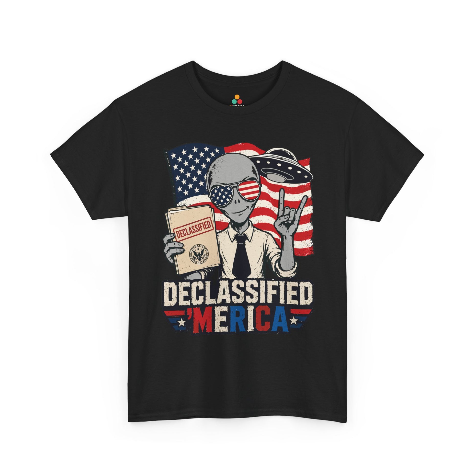 Funny 4th of July Shirt by TEEZOCA featuring an alien holding a declassified folder in front of an American flag.
