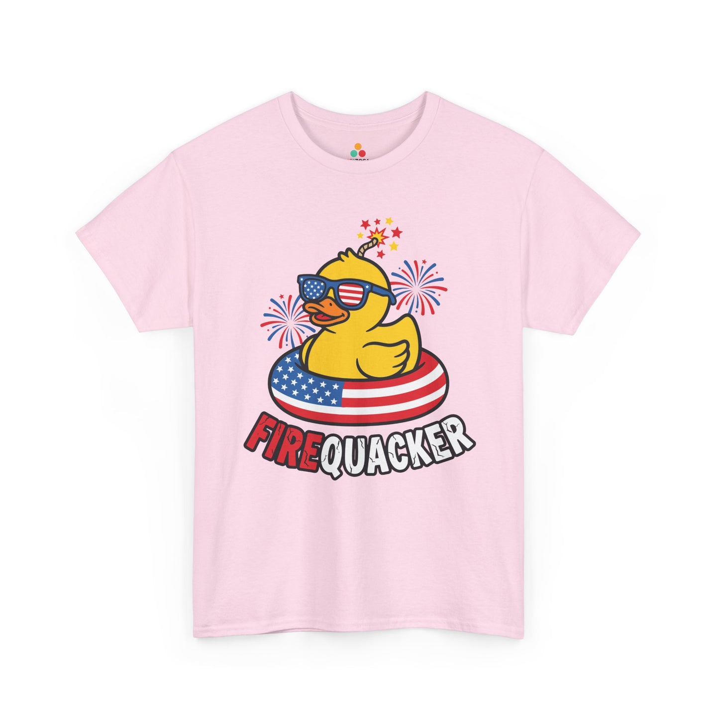 Funny 4th of July T-shirt by TEEZOCA with a rubber duck in American flag sunglasses and a patriotic float ring.
