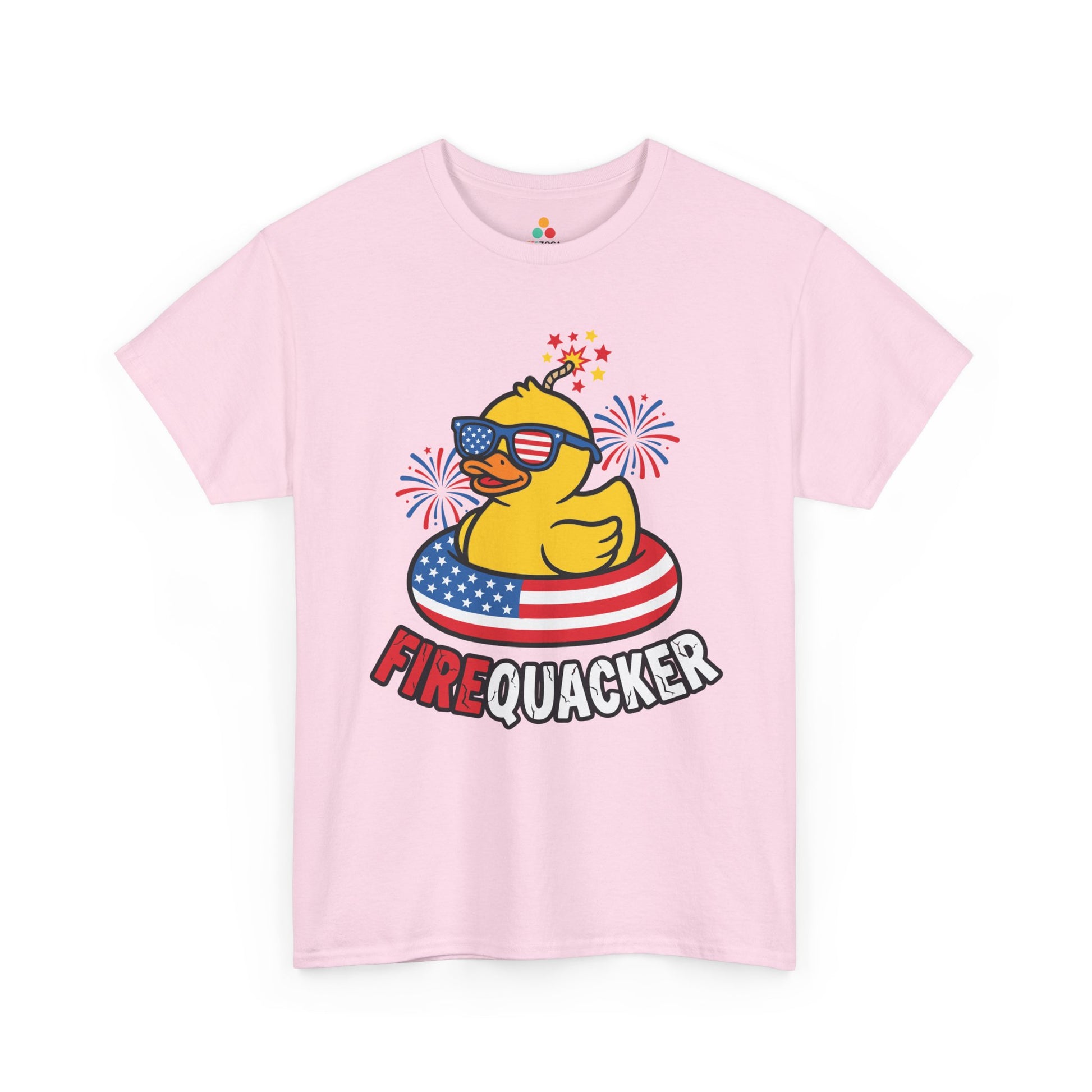 Funny 4th of July T-shirt by TEEZOCA with a rubber duck in American flag sunglasses and a patriotic float ring.
