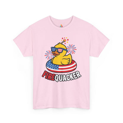 Funny 4th of July T-shirt by TEEZOCA with a rubber duck in American flag sunglasses and a patriotic float ring.
