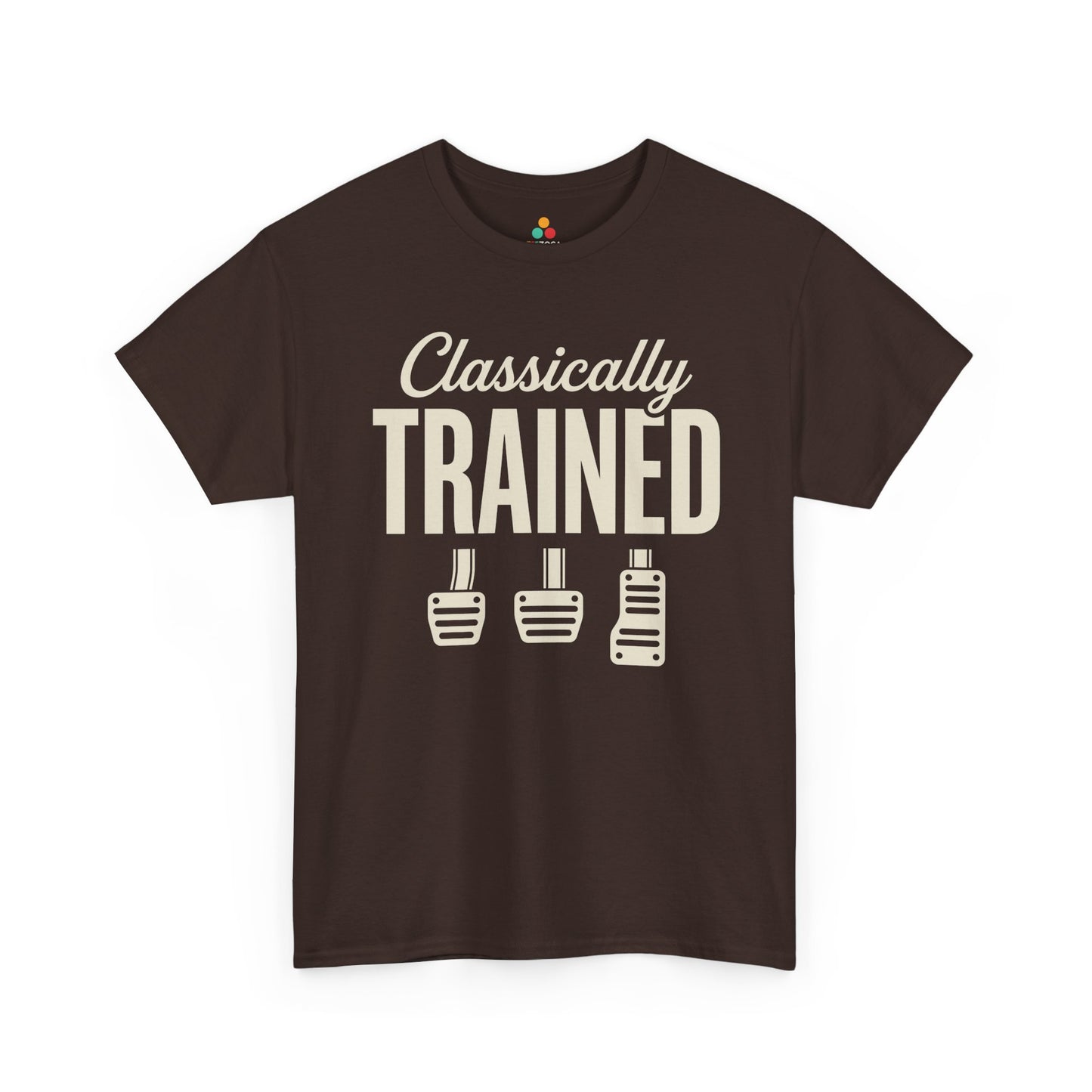 Funny Car Guy T Shirt by TEEZOCA with Classically Trained manual pedals art, a gift for car guy drivers who love stick shift and clutch humor.

