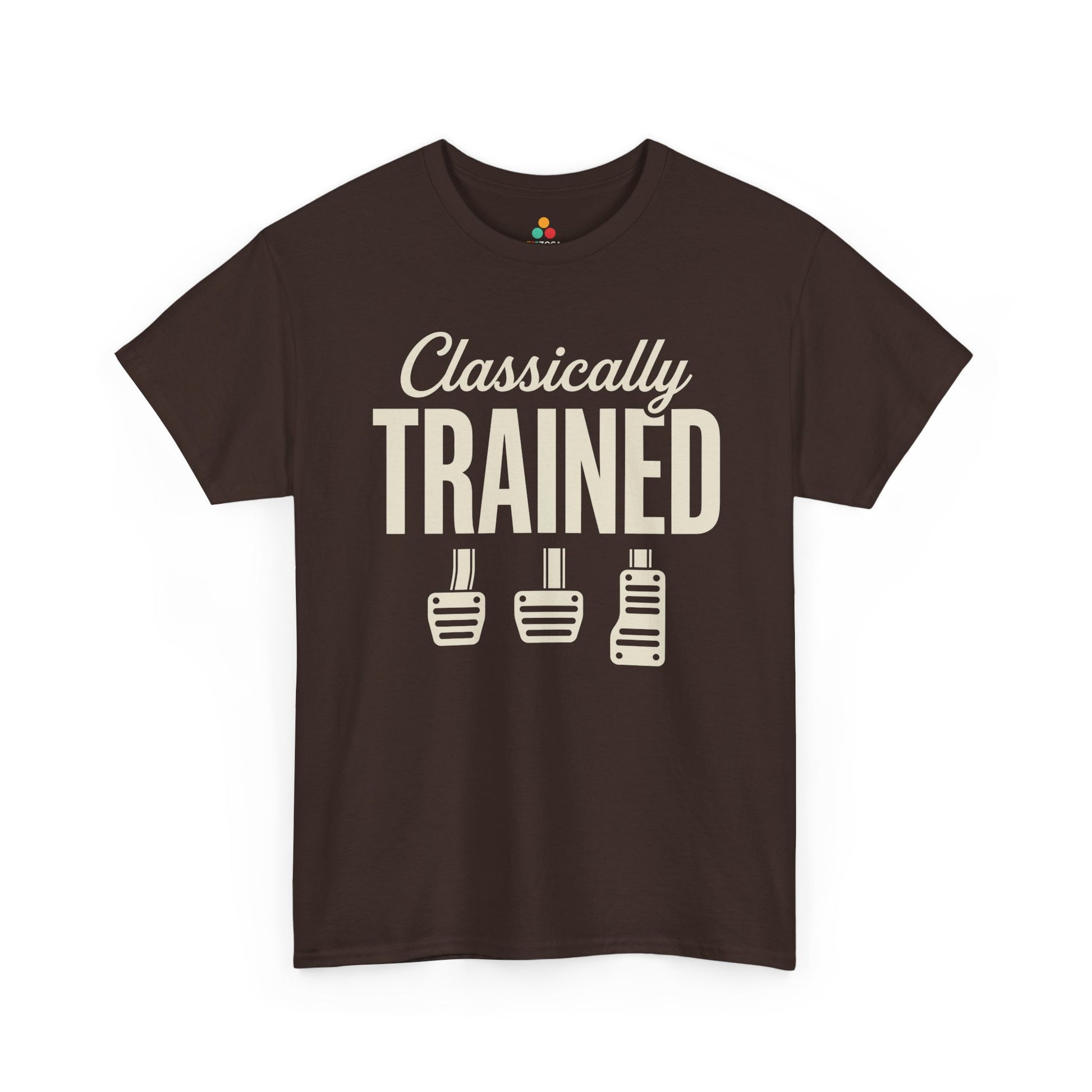 Funny Car Guy T Shirt by TEEZOCA with Classically Trained manual pedals art, a gift for car guy drivers who love stick shift and clutch humor.
