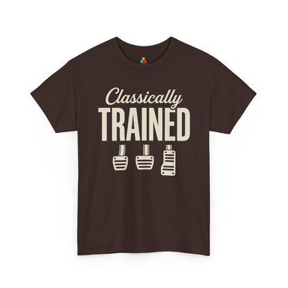 Funny Car Guy T Shirt by TEEZOCA with Classically Trained manual pedals art, a gift for car guy drivers who love stick shift and clutch humor.
