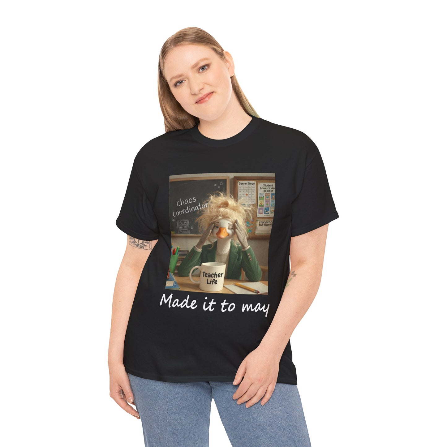 Funny Made It to May Teacher Goose Girls Meme Last Day of School Teacher Appreciation Gift Black T-Shirt | TEEZOCA Girl model