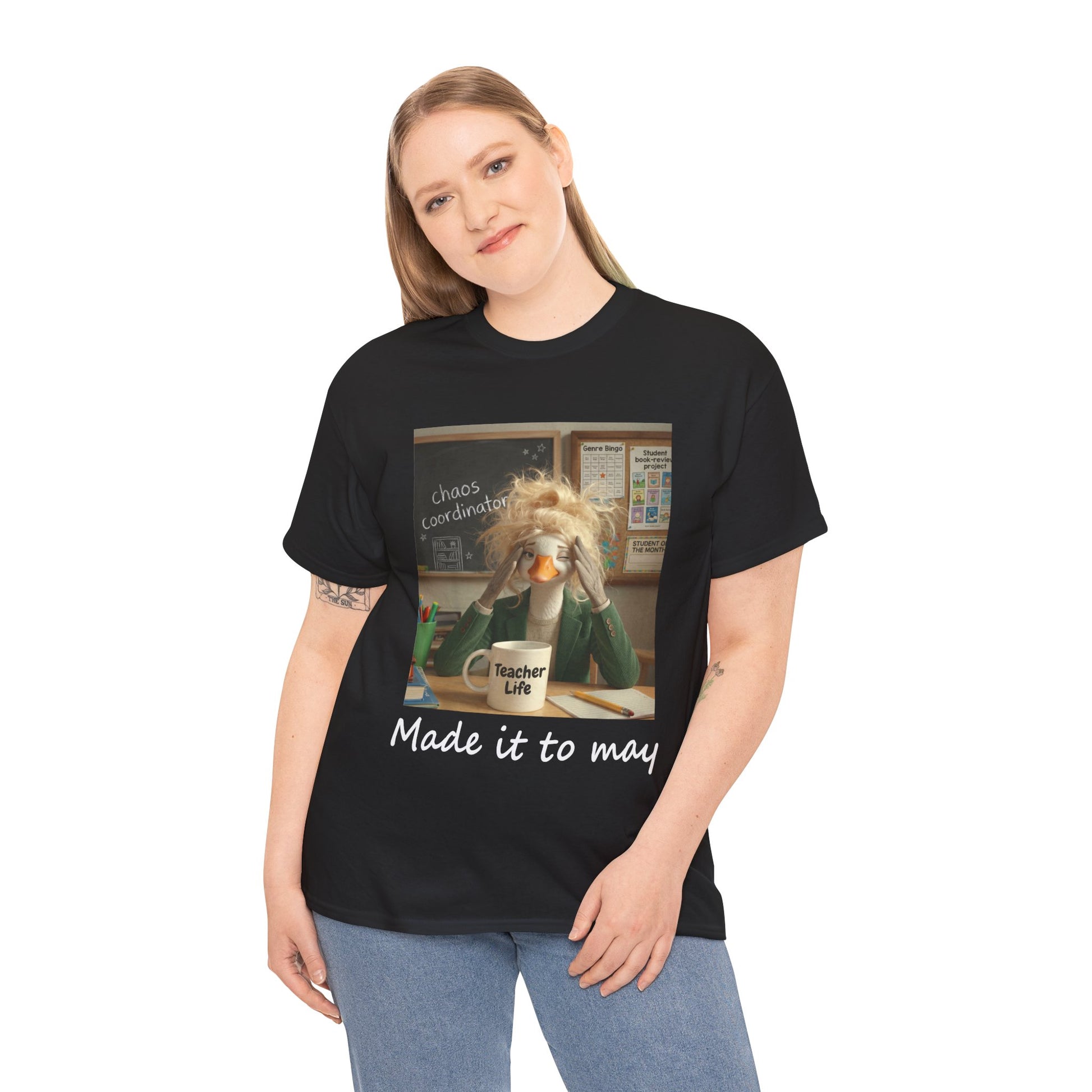 Funny Made It to May Teacher Goose Girls Meme Last Day of School Teacher Appreciation Gift Black T-Shirt | TEEZOCA Girl model